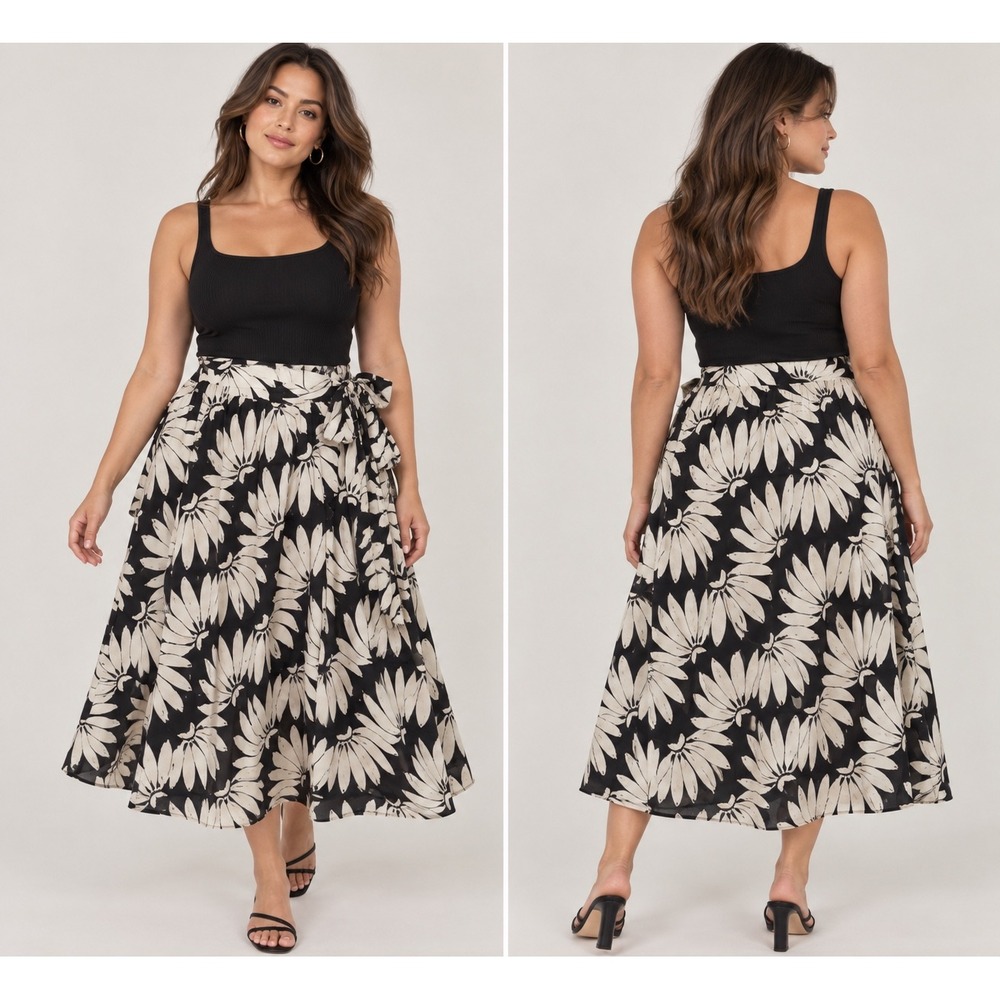 Farm Rio Black White Banana Bunch Midi Skirt XL High Waisted Tropical Tie Front